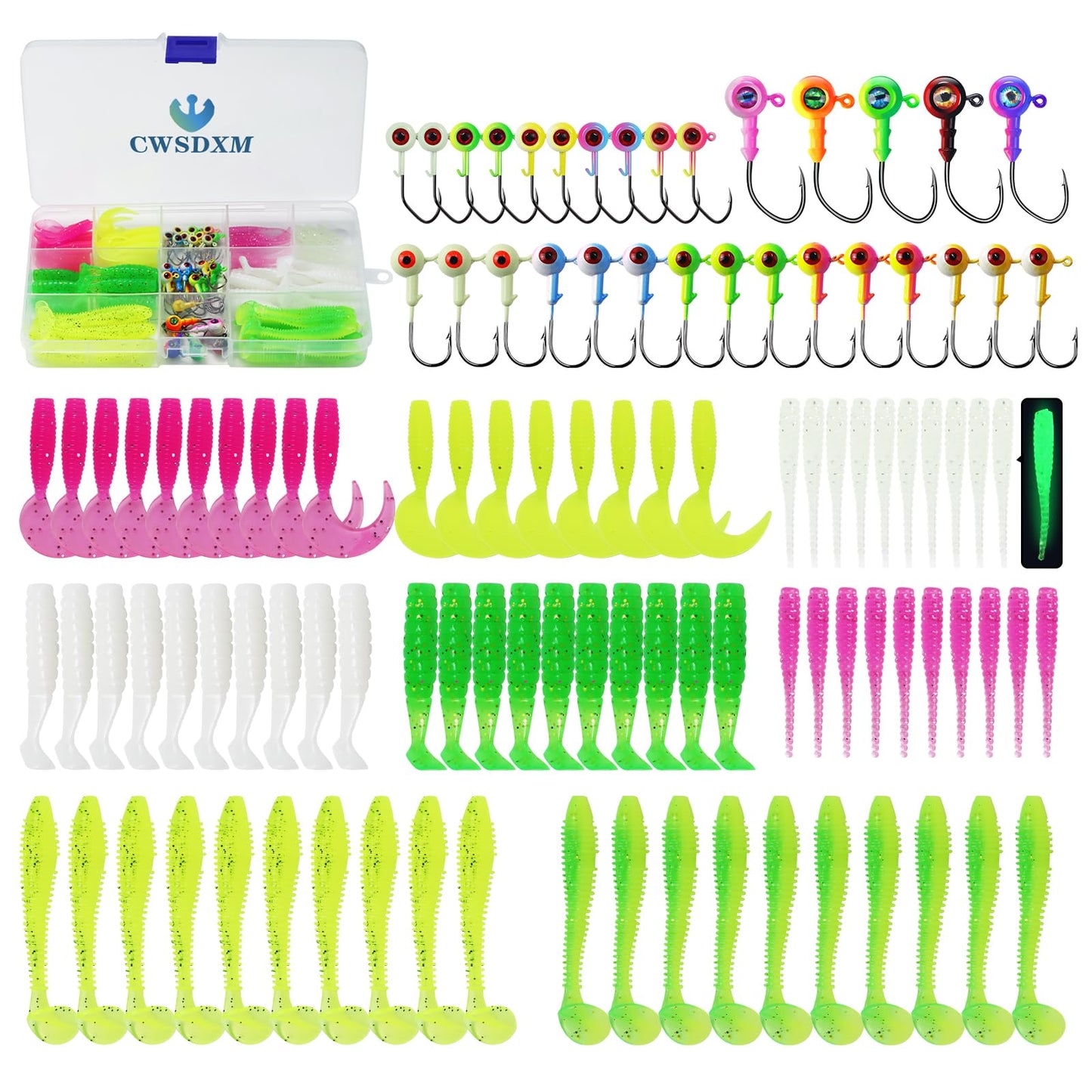 CWSDXM Fishing Lures Kit, Assorted Soft Baits with Jig Heads and Tackle Box