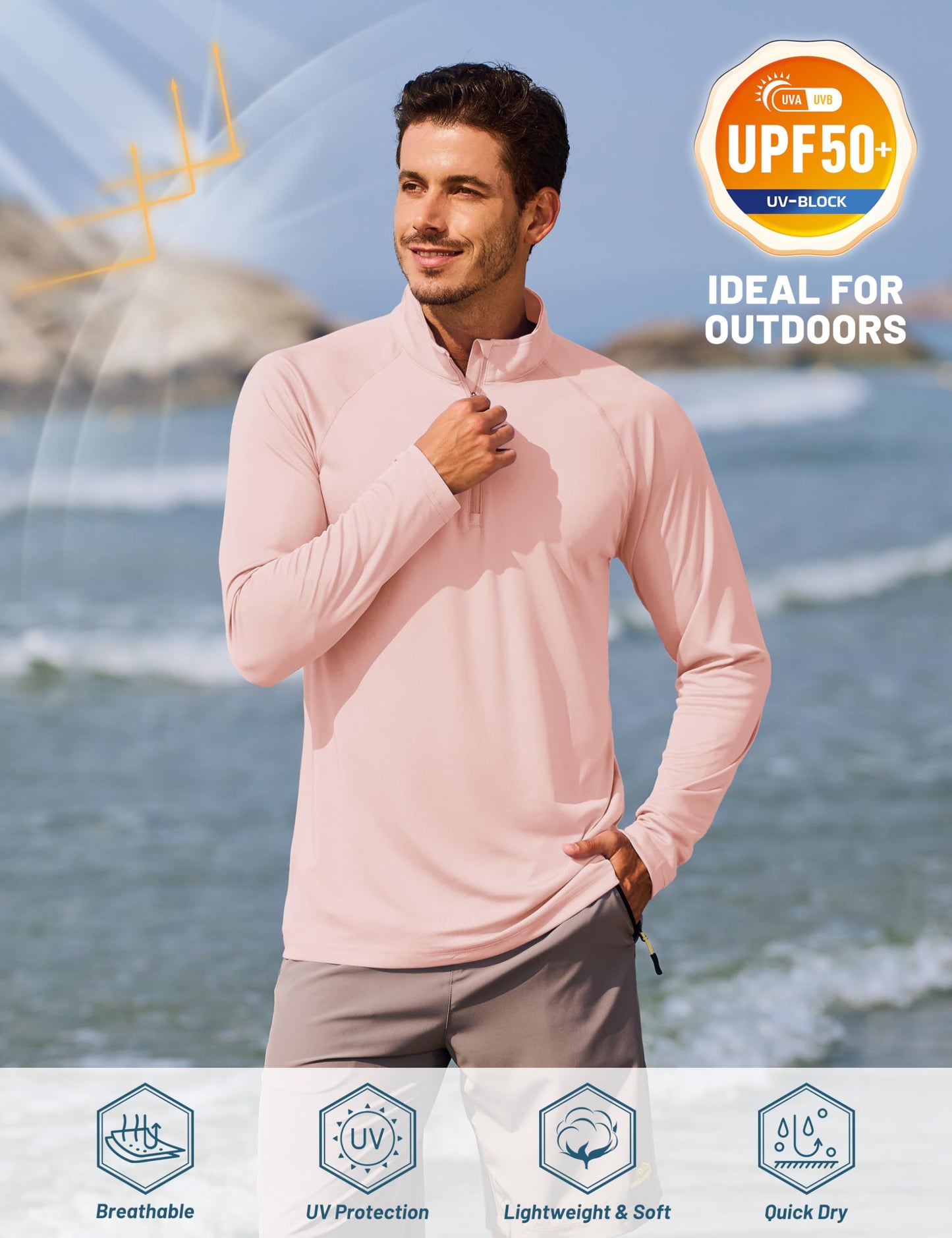 TACVASEN Long Sleeve Shirts Men Athletic Quarter Summer Tops for Sun Protection Men Workout Golf Shirts Running for Rash Guard Light Pink XL