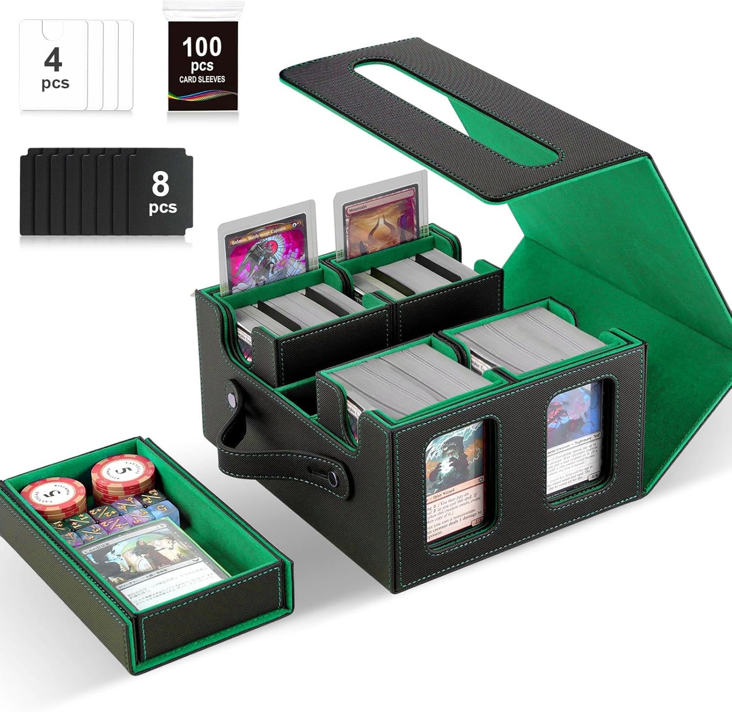 Commander Deck Box for MTG | Card Storage for 400+ Double-Sleeved Cards - 5-in-1 Removable Case with Display Windows (Black & Green)