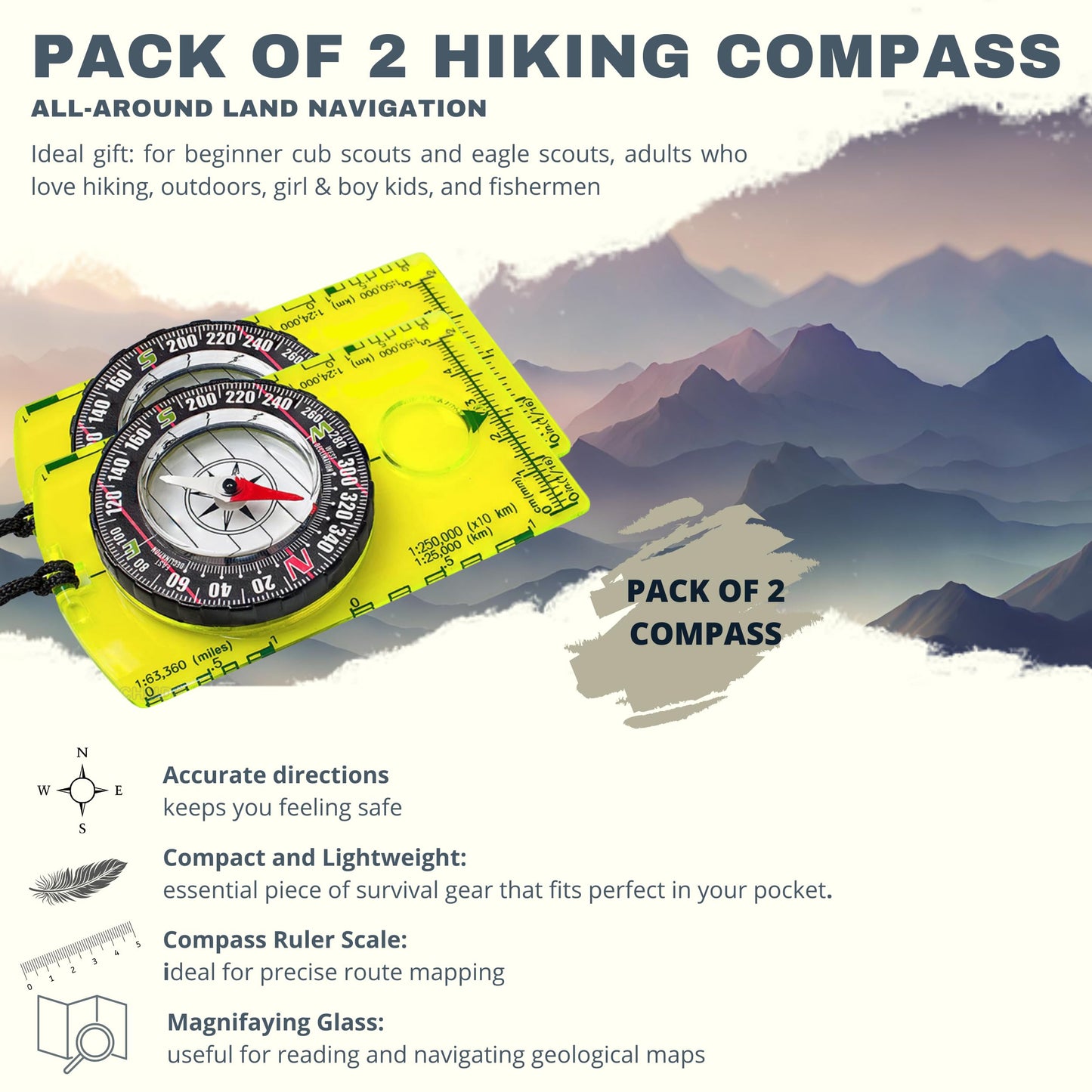 Pack of 2 Orienteering Compass Hiking-Compasses boy Scout Kids- Magnetic Gear Set Navigation map- Brujulas orientacion-Backpacking Camping Hunting Survival. (2 Compasses)