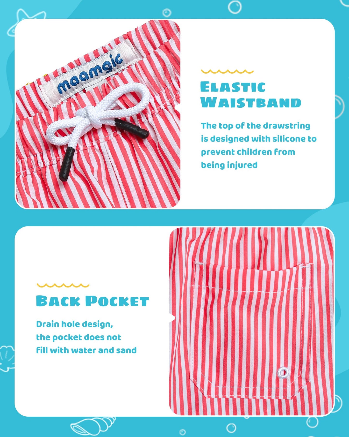 maamgic Boys Swim Trunks with Compression Liner Toddler Stretch Swim Shorts Quick Dry Swimming Trunks Boxer Brief 2 in 1 Beach Shorts Red Stripe 4T