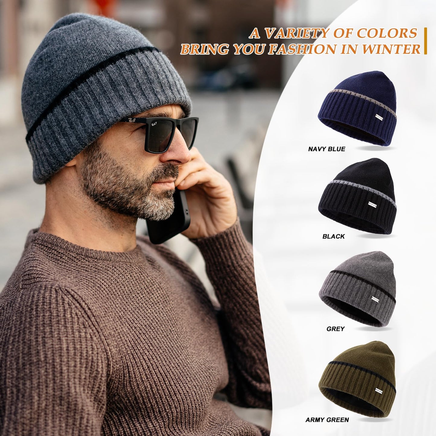 TOP-EX XL/XXL Men's Merino Wool Winter Beanie Cold Weather Knit Hat with Fleece Lining for Men Skull Cap Big Head Oversize Black