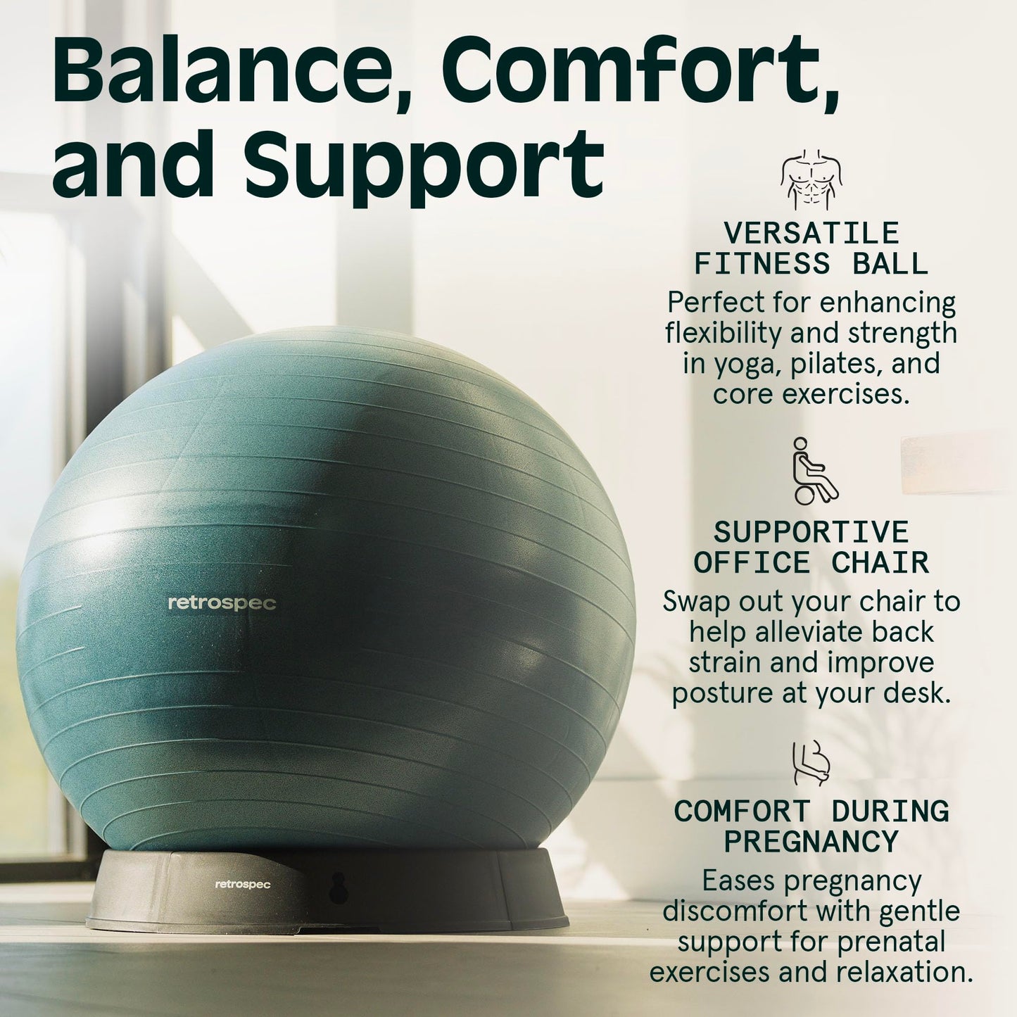 Retrospec Luna Exercise Ball - 55, 65, or 75cm Yoga Ball for Workouts, Stability, Pregnancy - Swish Balance Ball w/Pump & Base for Office & Home Gym, 65cm, Black