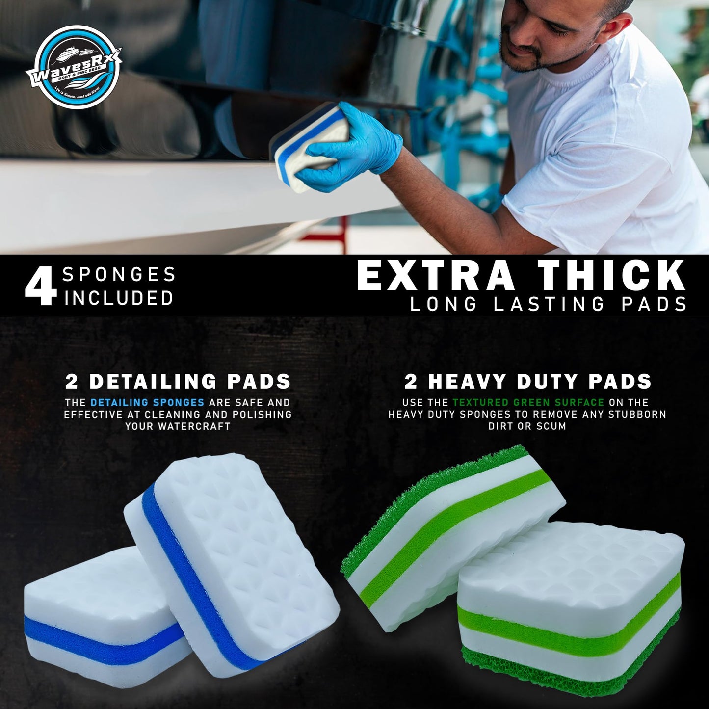 WAVESRX Marine Scuff and Dirt Eraser Sponges for Boats, Jet Ski & PWC | Magic Cleaning Pads Effortlessly Remove Deck Marks, Scratches, Black Streaks and Grease | No Harsh Chemicals (4 Pack)