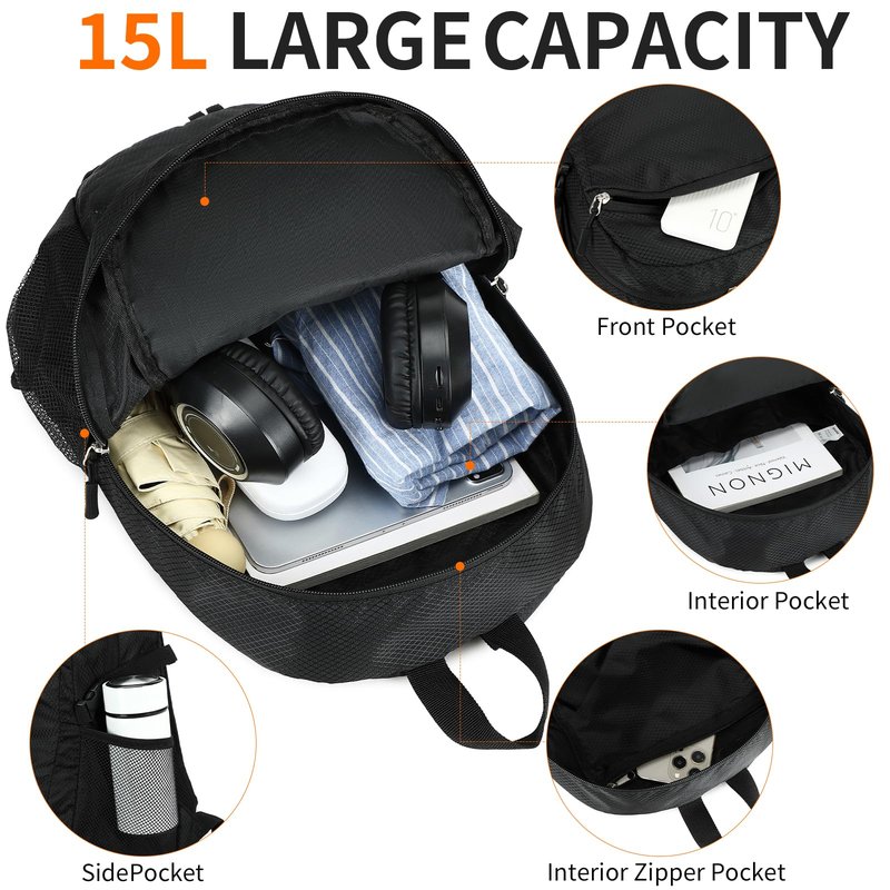 SFIUYDS Small Hiking Backpack Travel Lightweight Hiking Packable Daypack Water-Resistant Foldable Backpacks 15L for Travel Women Men Camping (Black)