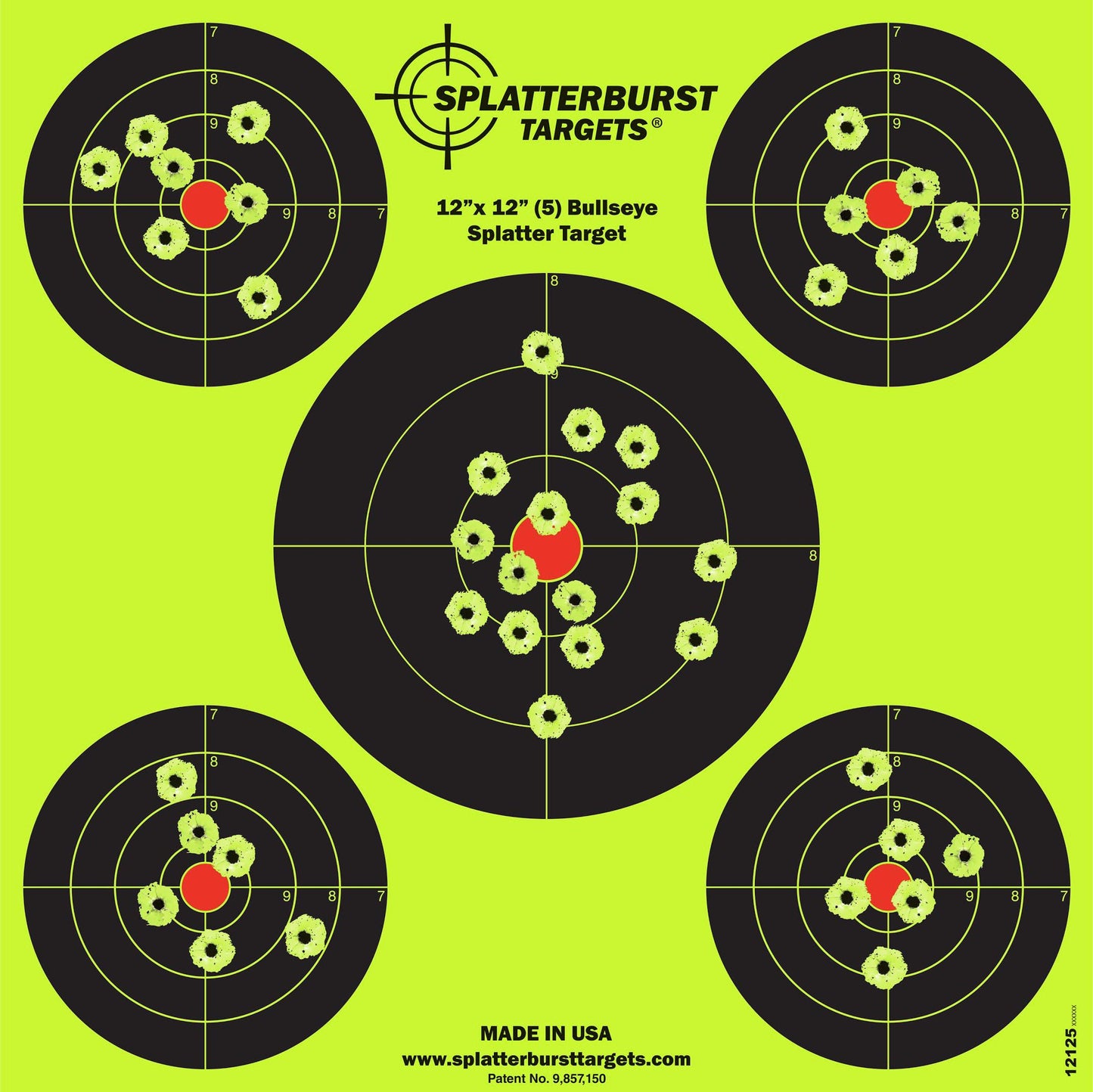 Splatterburst Targets - 12 x12 inch (5) Bullseye Splatter Target - Easily See Your Shots Burst Bright Fluorescent Yellow Upon Impact - Made in USA (10 Pack)