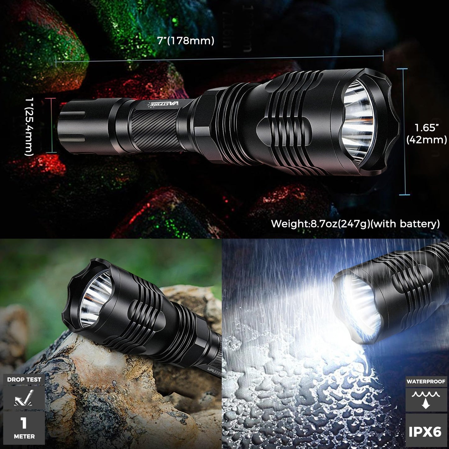 VASTFIRE Predator Light with Interchangeable (Red, Green, White) LED Hunting Flashlight with Scope Mount for Hog Coyote Coon Bobcat Raccoon Varmint Rabbit Night Hunting