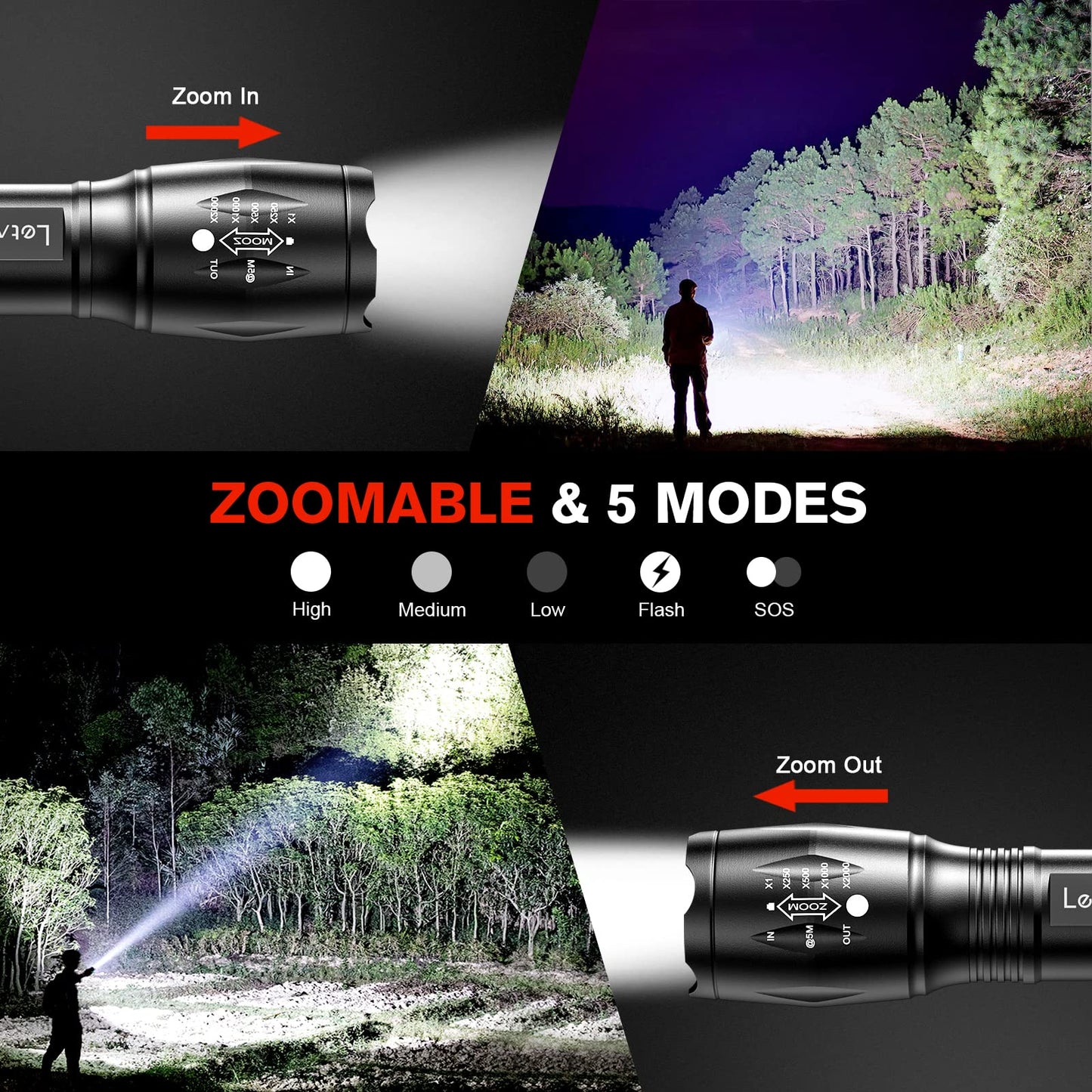 LETMY LED Tactical Flashlight S2000 [4 Pack] - High Lumens, Zoomable, 5 Modes, Waterproof Handheld LED Flashlight - Best Camping, Outdoor, Emergency, Everyday Flashlights