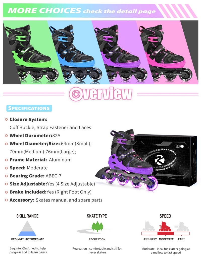 Kuxuan Skates Adjustable Inline Skates for Women Men, Kids Roller Skates Ages 4-12 with Light Up Wheels, Teen Skates for Beginner Girl Boy