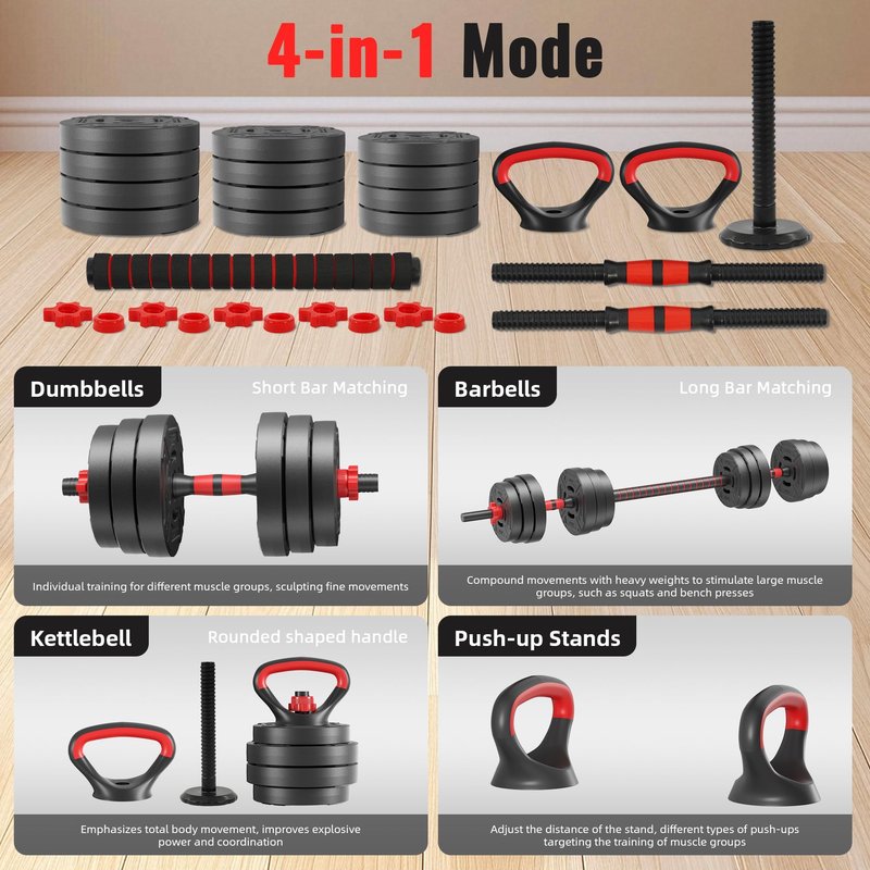 Fitvids Multi-Functional Changeable Dumbbell and Barbell Kettlebell Set with Adjustable Weights, 60LBS, 4 in 1