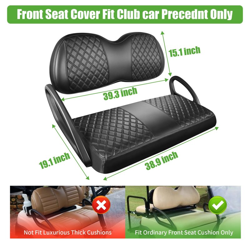 10L0L Golf Cart Seat Covers for Club Car Precedent,Diamond Pattern,Vinyl Leather with Adjustable Straps and Retractable Buckle, No Stapler Needed Black