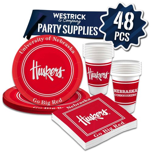 Nebraska Cornhuskers Party Supplies 48 Piece Officially Licensed University Set: 16 oz. Plastic Beverage Cups, 9" Paper Plates, Luncheon Napkins, Complete Party Supplies for 16 Guests by Westrick