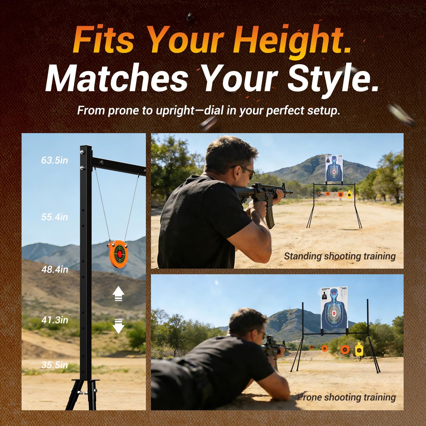 AR500 Steel Targets and Stand System Kit - 3/8" Thick with 4",6",8" Gongs & 7"x12" Torso, Adjustable 35.5"-63.5" Shooting Target Stand, Bonus 10pc Paper Targets & 10 Stickers for Outdoor Rifle Pistol