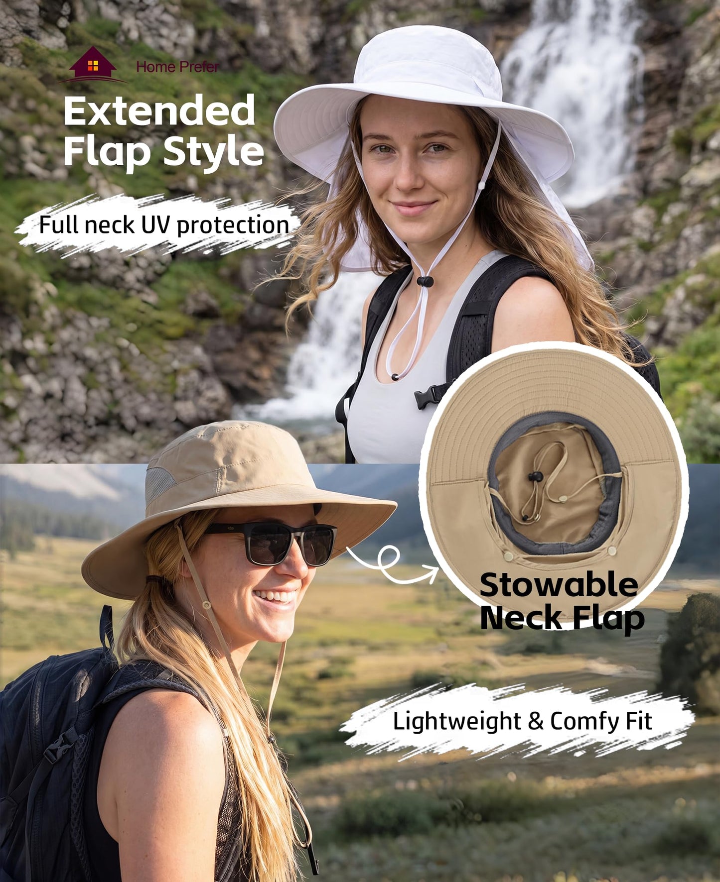 Home Prefer UPF 50+ Wide Brim Sun Hat with Neck Flap for Men Women UV Protection Bucket Hat for Fishing Gardening Hiking Beach Safari Khaki