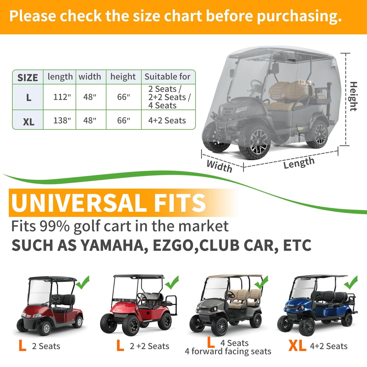 10L0L Heavy Duty Golf Cart Cover for 2/4/6 Passengers EZGO, Club Car and Yamaha, All Weather Outdoor Protection Weatherproof