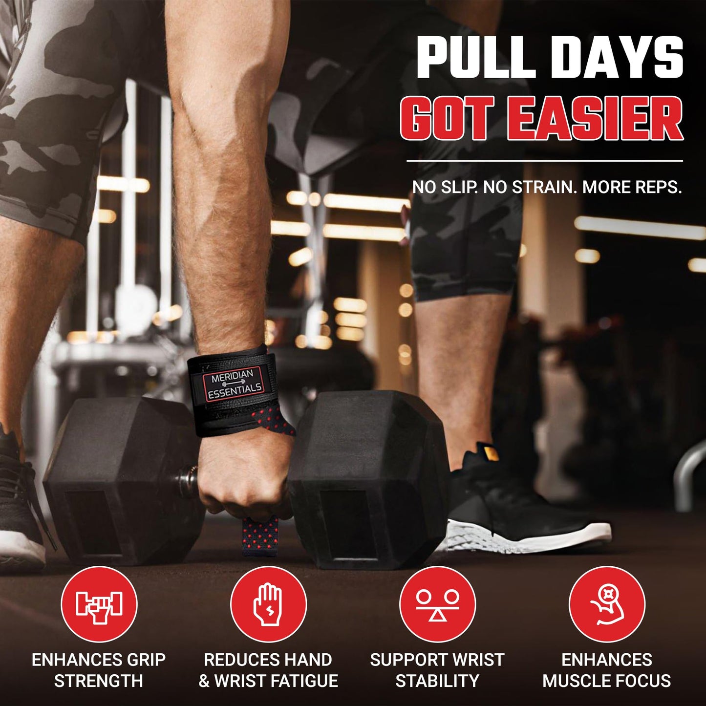 Meridian Essentials Weightlifting Straps with D-Ring – Heavy-Duty Lifting Straps with Cable Attachment, Neoprene Wrist Padding & Non-Slip Grip for Deadlifts, Rows, Cable Workouts & Pull Exercises - Black
