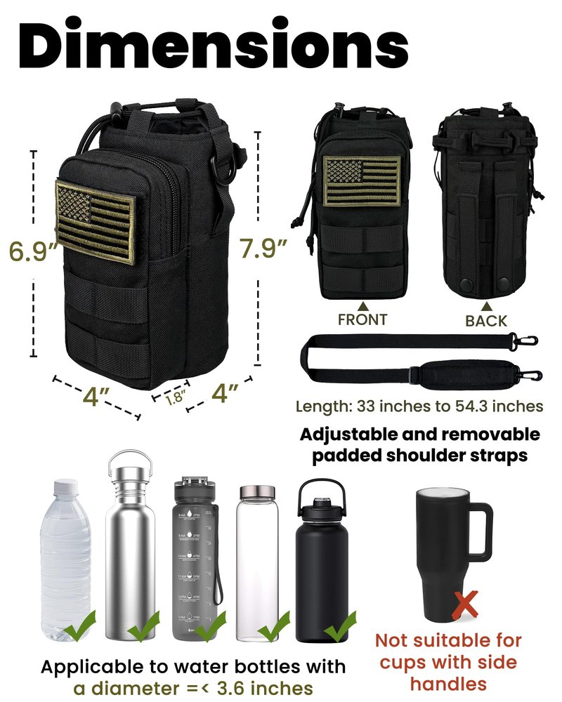 DEFUNX 32 Oz Water Bottle Holder with Strap Gym Accessories for Men Bottle Carrier Bag with Phone Pocket MOLLE System for Walking All Black
