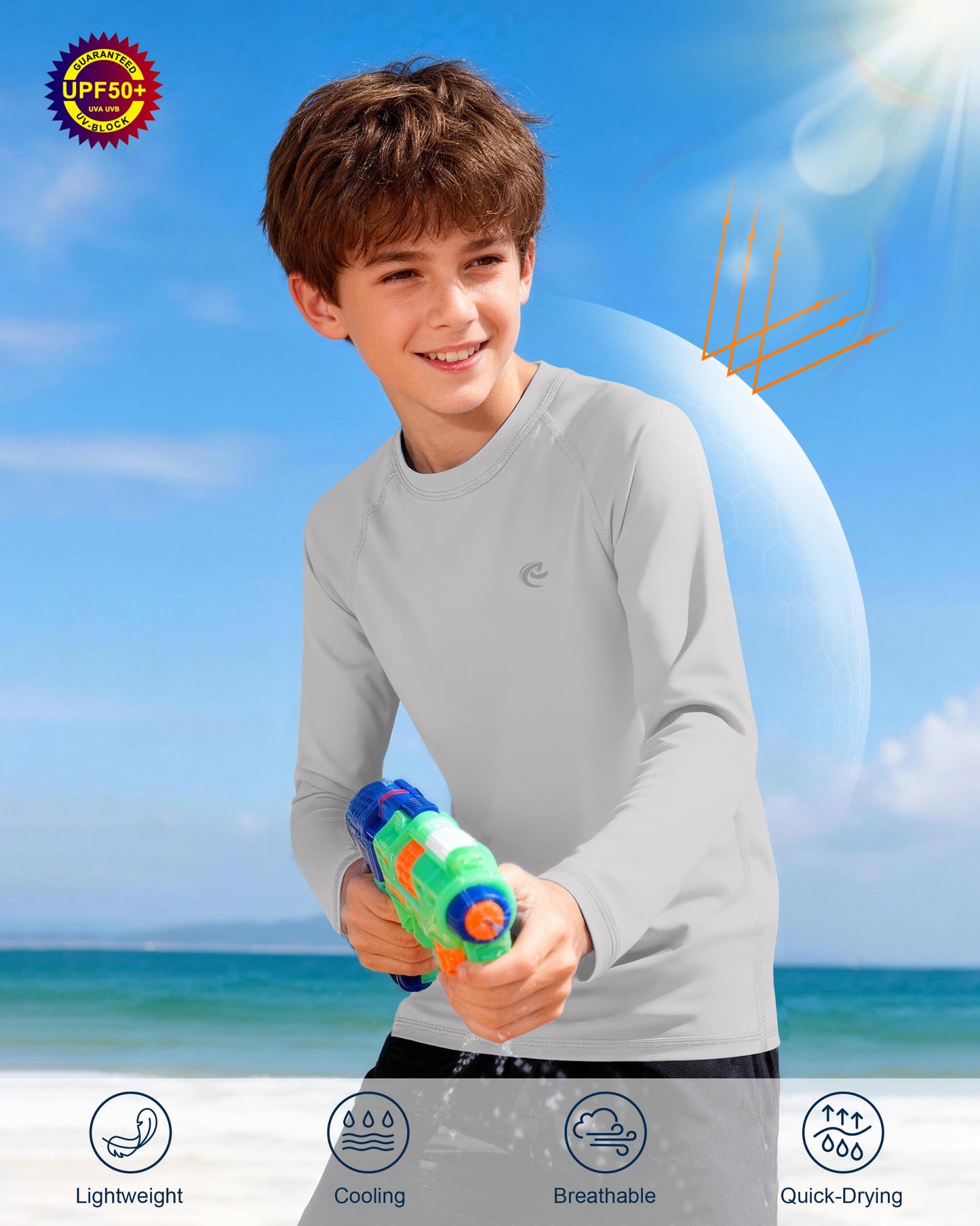Boys UPF 50+ Swim Shirt Long Sleeve, 1 or 2 Pack UV Sun Protection Rash Guard, Youth Kids SPF Water Shirts for Beach Surf
