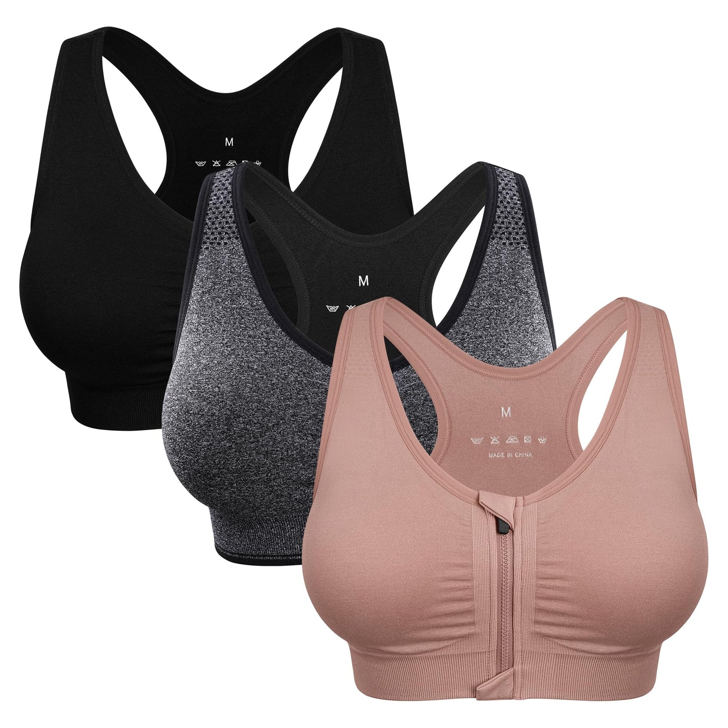Women's Zip Front Sports Bra Wireless Post-Surgery Bra Zipper Closure Bras Padded Surgical Bra Racerback Workout Bras Active Yoga Sports Bras Plus Size (XX-Large, 3 Pack(Black+Grey+Bean Paste))