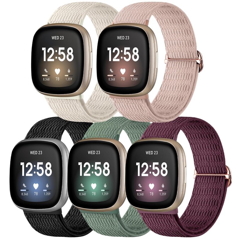 Hgsxst 5 Pack Elastic Bands Compatible with Fitbit Versa 4/Fitbit Versa 3/Fitbit Sense 2 Strap Women Men, Soft Elastic Nylon Sport Replacement Band for Versa 4/Versa 3/Sense