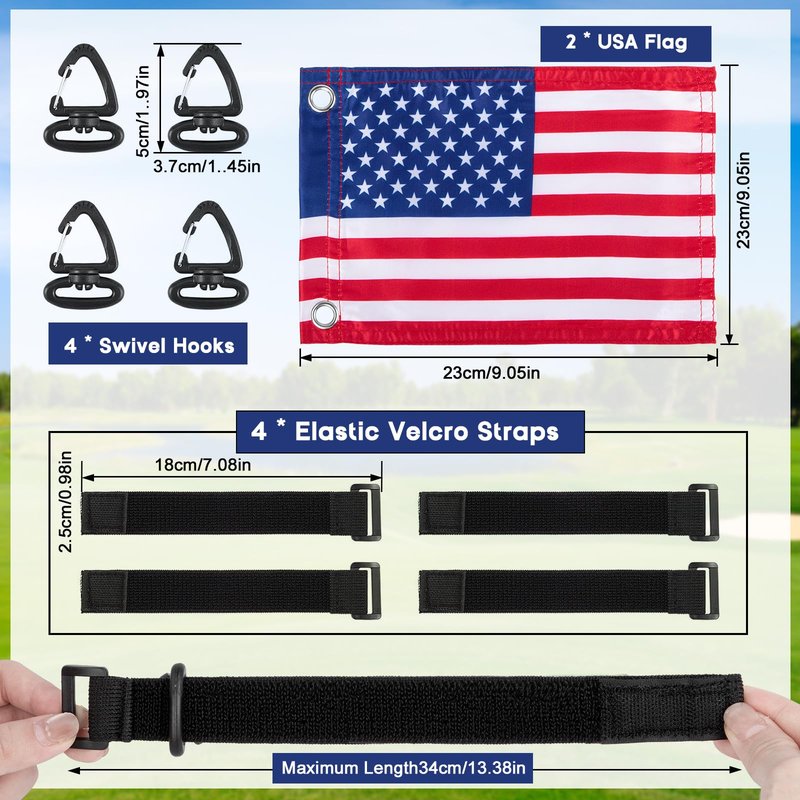 2PCS Golf Cart Flags, Double-Sewn Slik Satin Fabric 6 x 9"Golf Cart Flags, Easy Installation American Flags for Golf Cart, Boat, Bike, American USA Golf Flag with Elastic Strap Bracket