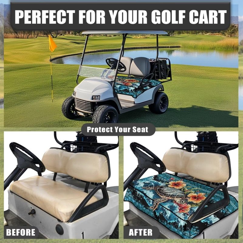 Brosoneto Sea Turtle Aztec Golf Cart Seat Covers, Washable Golf Cart Seat Towel Blanket with Pockets Travel Sports Golf Cart Cushion Cover for Golf 2 Person Seats Club Car, Golf Cart Accessories