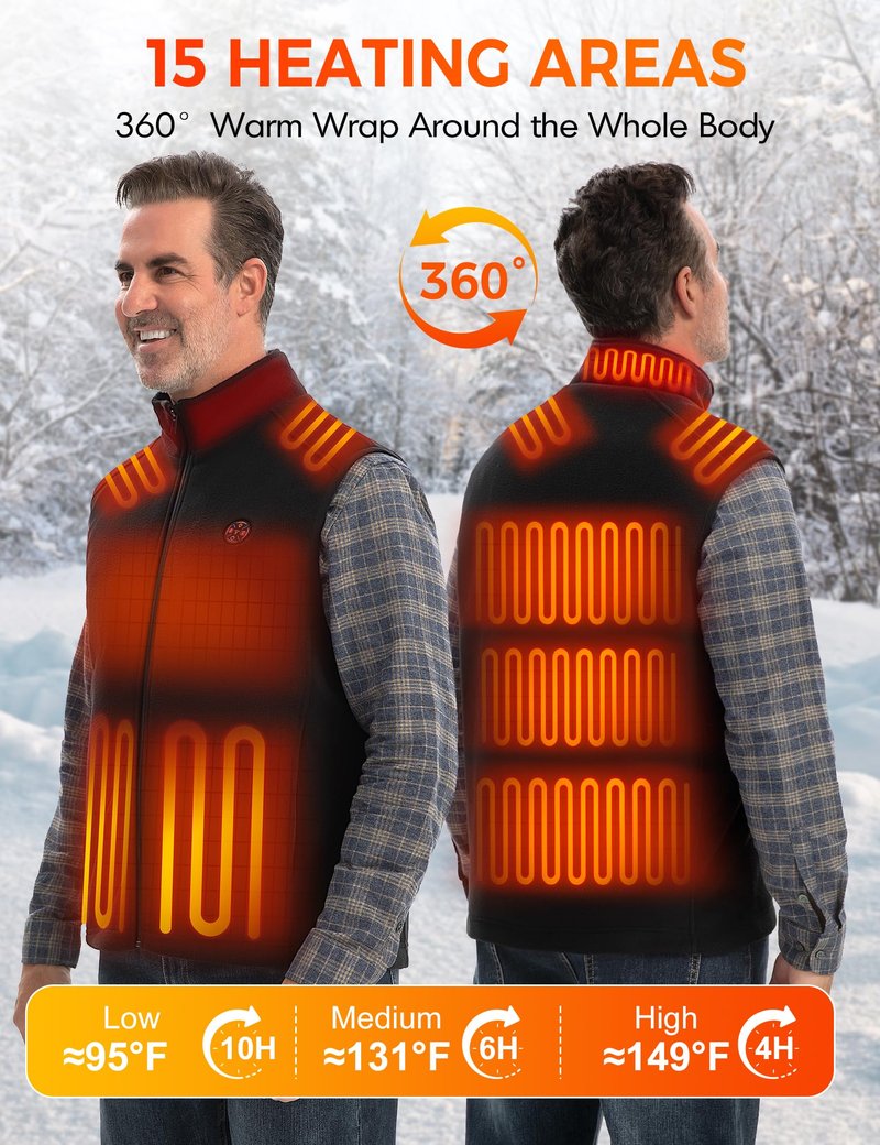 TODWARM Men Heated Vest with Battery Pack Included, Fleece Electric Heating Vests 15-Zone Warming for Winter 7.4V, L