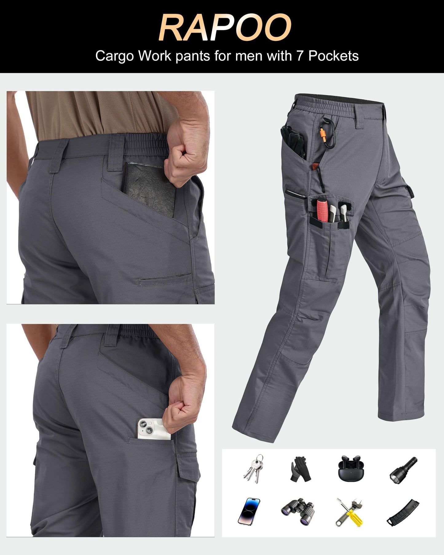 Rapoo Cargo Work Pants for Men Hiking Tactical Military Army Pants for Men with Multi Pockets Mens Ripstop Construction Breathable Outdoor Pants Grey 34Wx34L