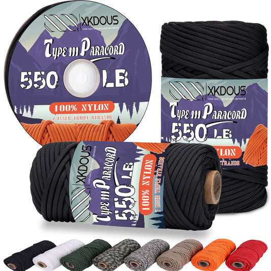 XKDOUS 550 Paracord 250ft Black Parachute Cord, 100% Nylon 7 Strand Inner Core Type III Tactical Paracord Rope, Outside Survival Gear for Bracelets, Lanyards, Handle Wraps, Camping & Hiking