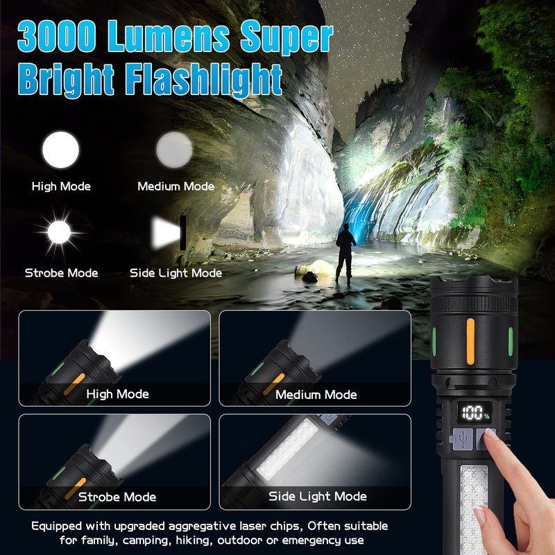 Ciwuzxs Rechargeable LED Flashlights High Lumens 3000LM Super Bright Tactical Flashlight with Cob Sidelight, 5 Light Modes, IPX6 Waterproof, Powerful Handheld Flash Light for Camping (2, Small)