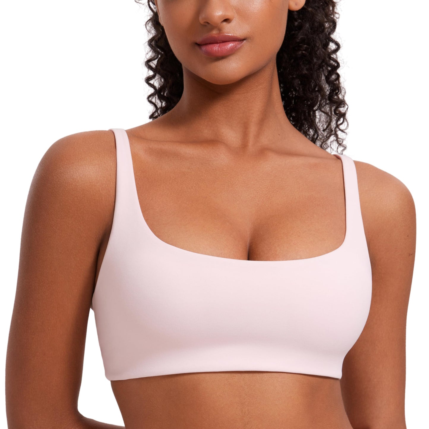 CRZ YOGA Butterluxe Square Neck Spaghetti Strap Sports Bras for Women - Low Coverage Yoga Wireless Padded Cami Crop Top Strawberry Pink Medium