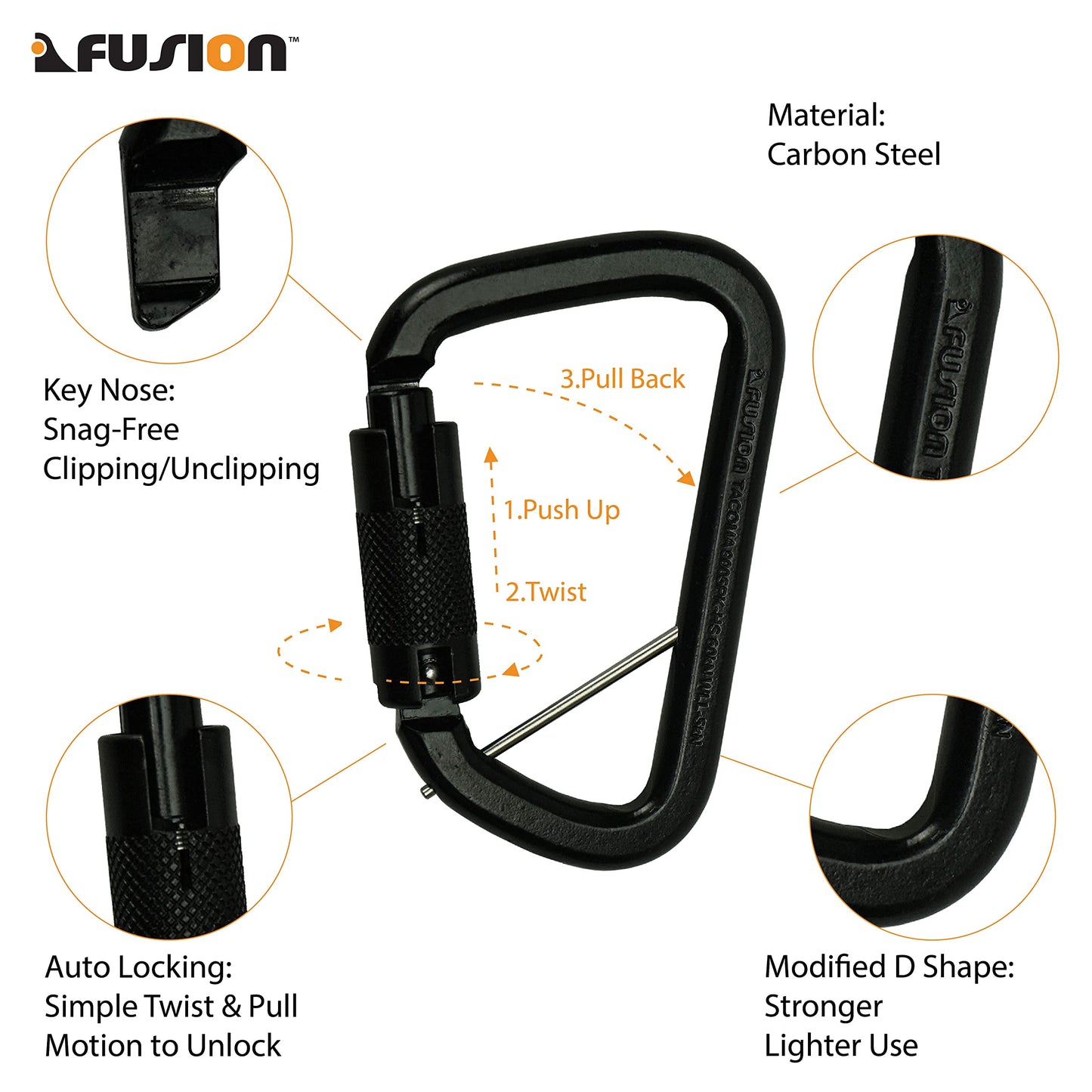 Fusion Climb Tacoma High Strength Auto-Lock Black Steel Carabiner Clip 50kN for Heavy Duty, Construction, Roofing, Climbing, Camping, hammonk UIAA
