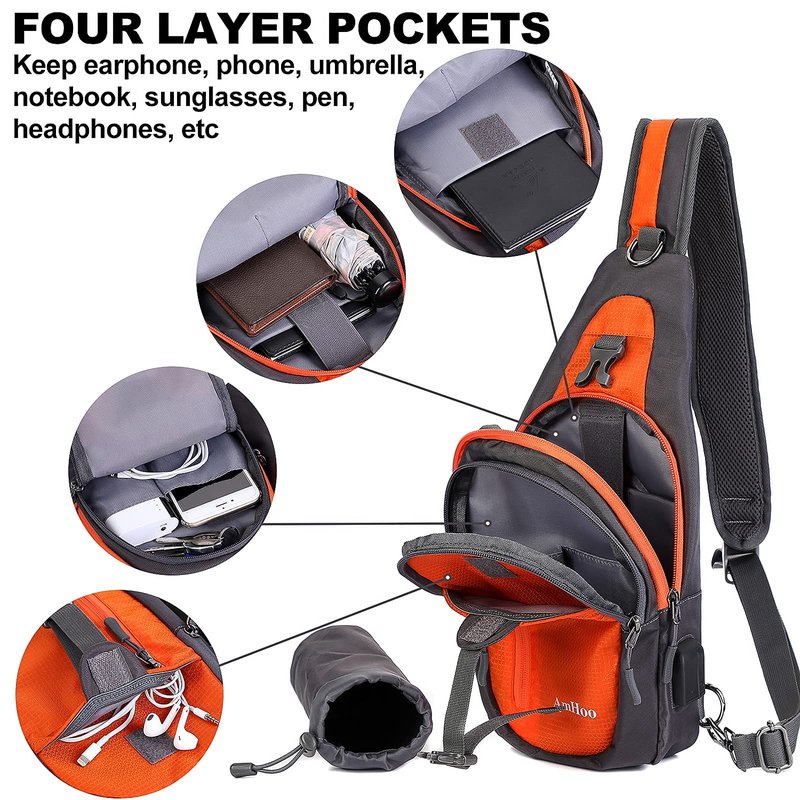 AmHoo Sling Backpack Chest Shoudler Crossbody Bag Water Resistant Hiking Daypack Small Orange