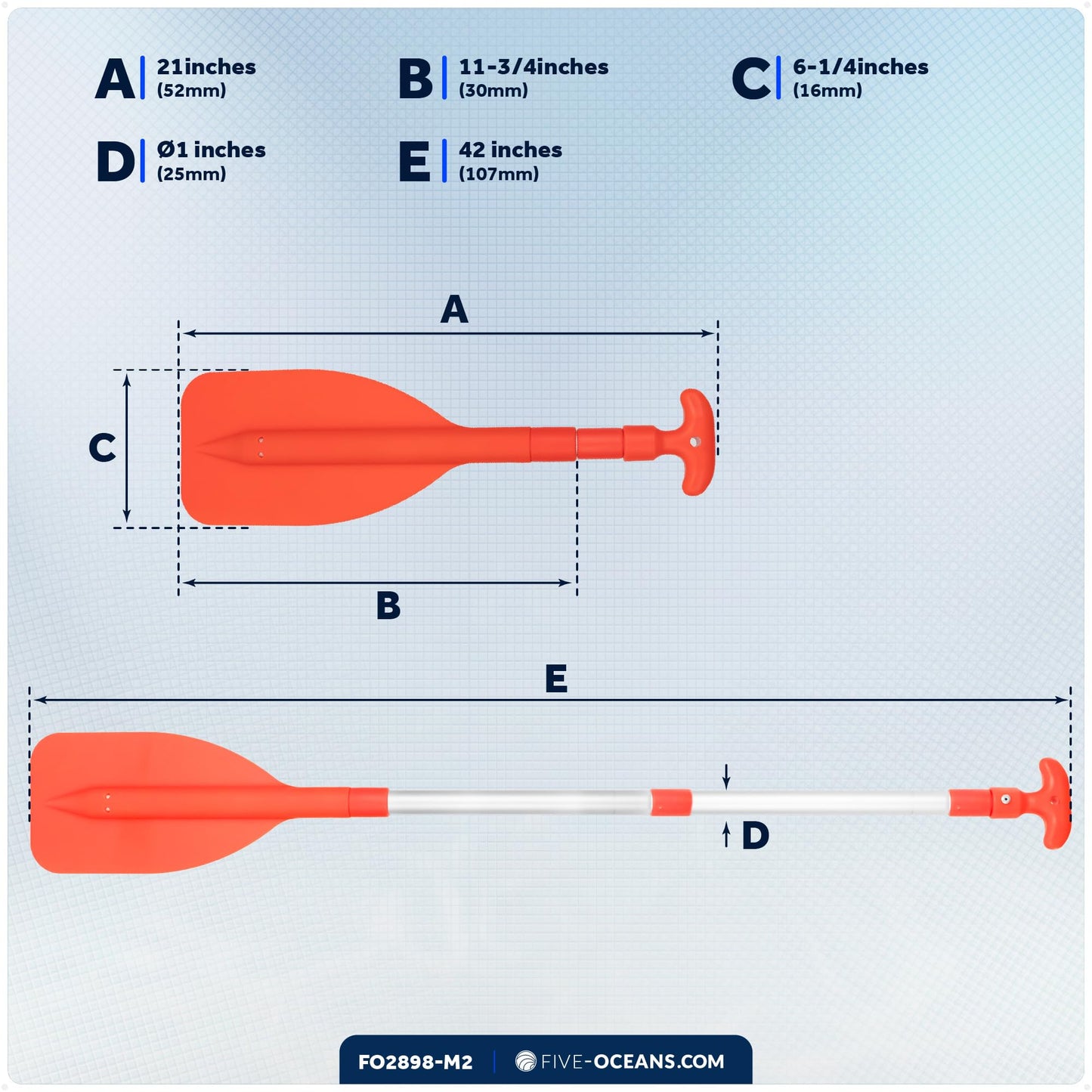 Five Oceans Boat Paddle - Telescoping Paddle, Boat Paddles, Orange Telescoping Paddle, Emergency Paddle, Collapsible Extends from 21" to 42", Easy Storage, Anodized Aluminum Shaft, Round Grip - FO4712