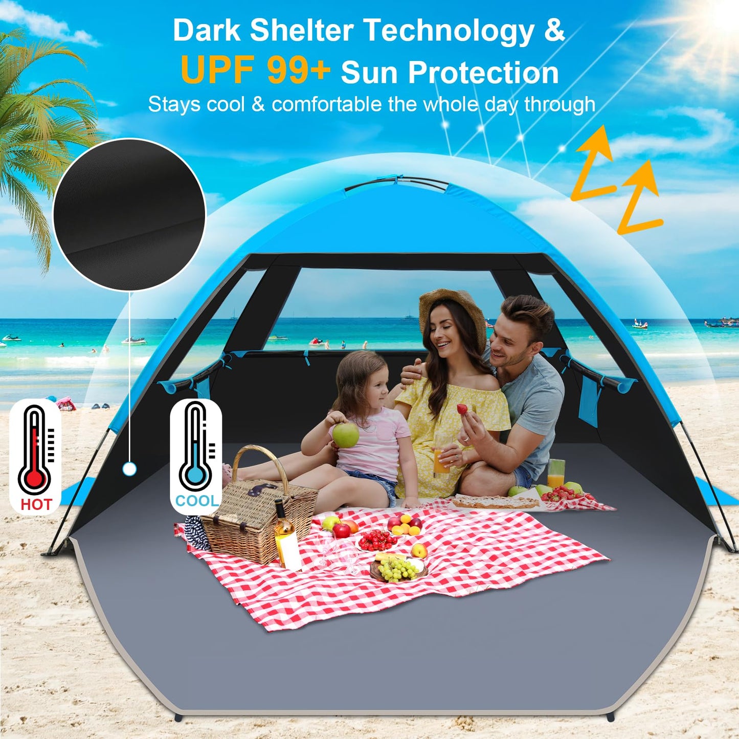 Gorich Beach Tent Sun Shelter for 3/4-5/6-7/8-10 Person with UPF 50＋ UV Protection, Lightweight & Easy Setup Beach Shade Canopy, Portable Beach Shade Tent Beach Cabana