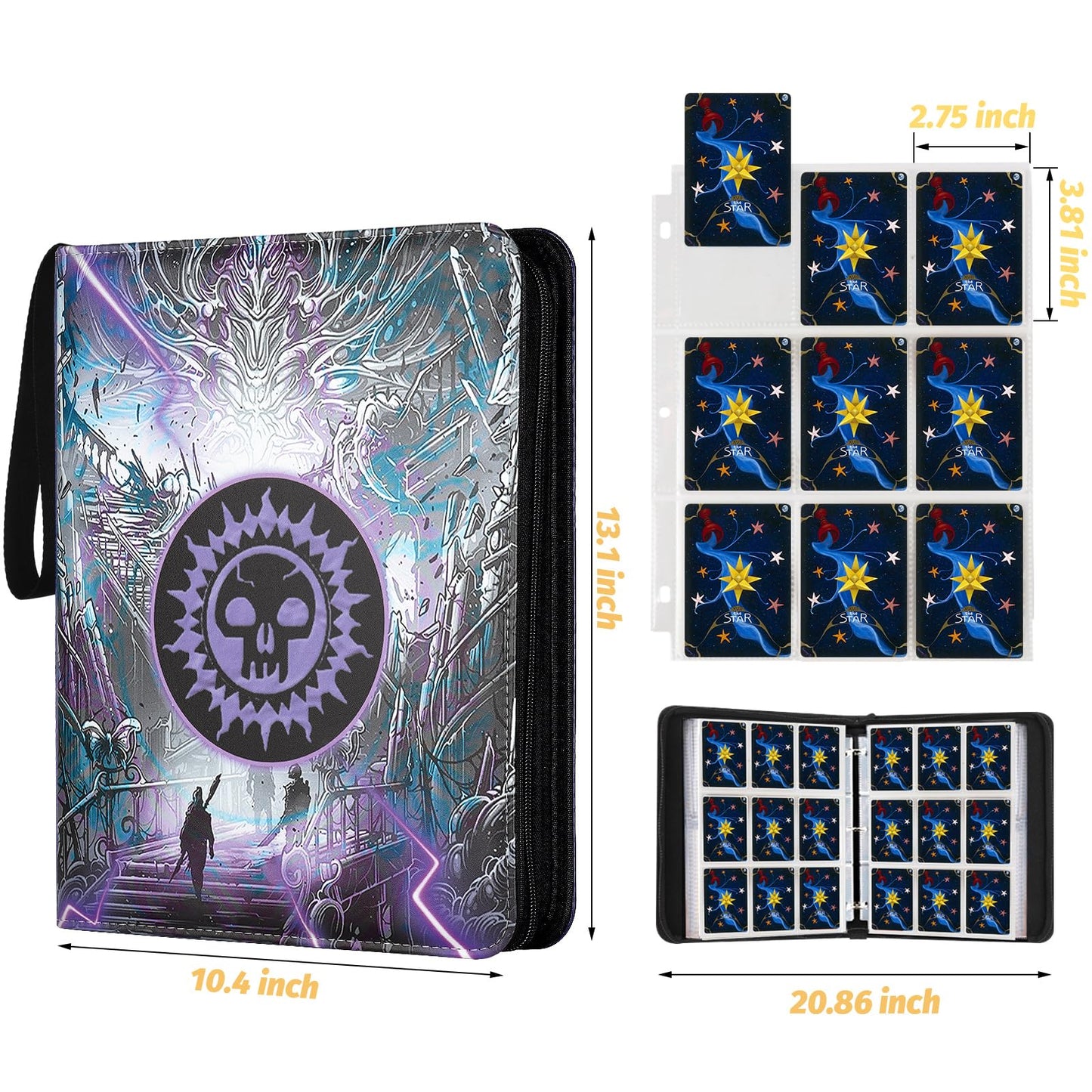 720 Pockets Round Ring Trading Card Binder, 9-Pocket Clear Zipper Card Album with Wrist Strap, Holds 720 Standard TCG Cards Compatible with Sports Baseball Football Game Cards (Purple Print)