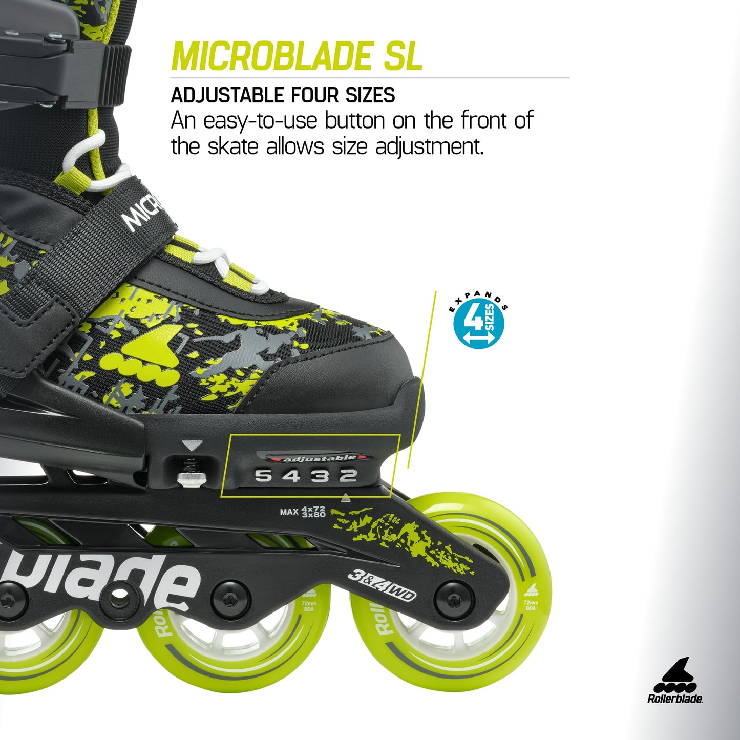 Rollerblade Microblade SL Kids Adjustable Fitness Inline Skate, Black/Lime,Junior, Youth Performance Inline Skates