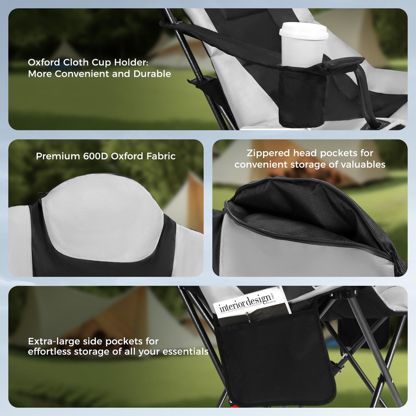 OUTSIDER Heated Camping Chair Heavy Duty 3-Position Folding Camp Chair with 3 Heat Levels, Cup Holder & Side Storage - Outdoor Heating Camping Chair for Adults, Supports 350lbs,Battery Not Included