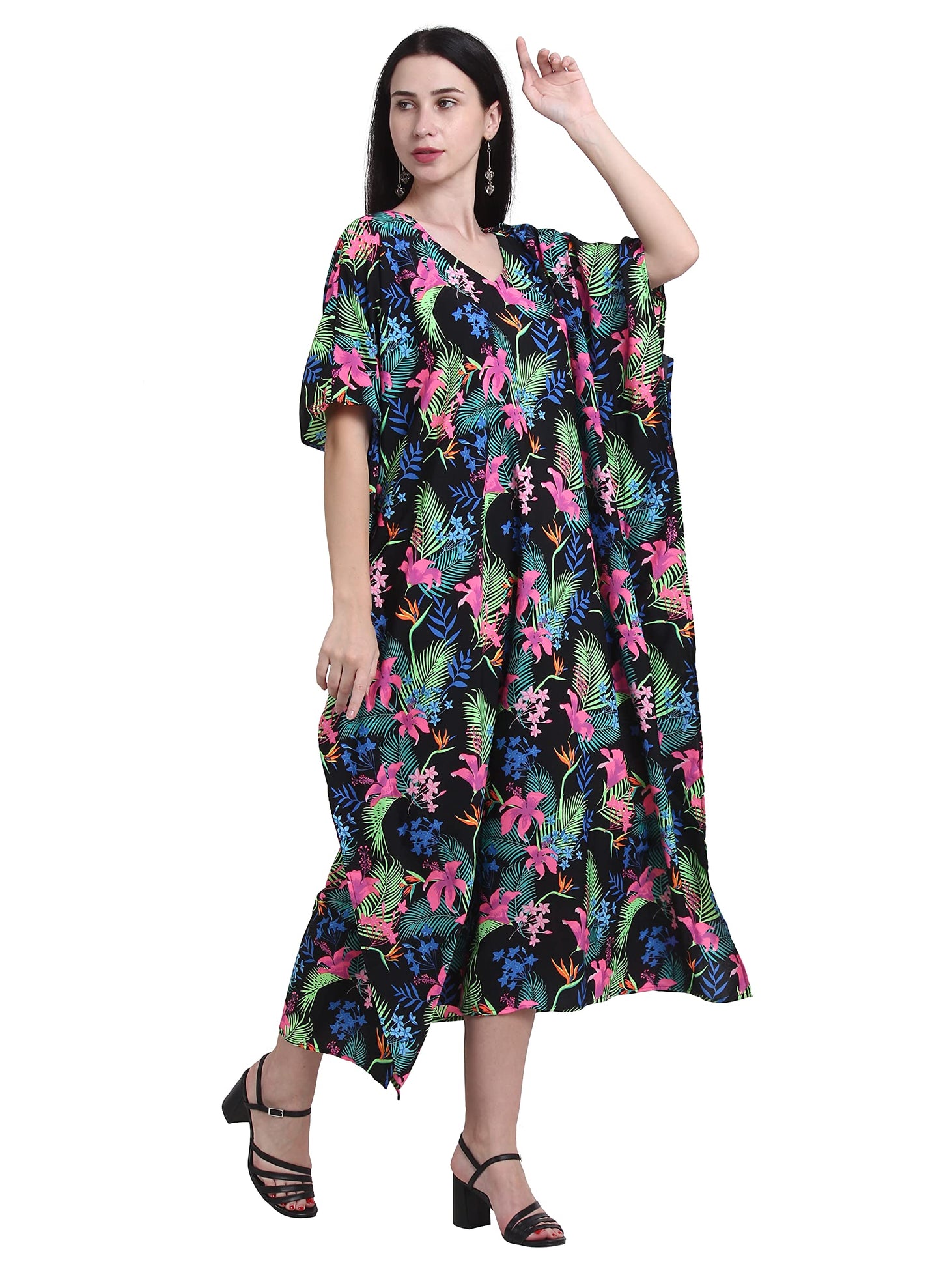 SheKaf Kaftan dress for Women - Moomoo/Mumu Boho Caftan Beach Swimsuit Bathing Swimwear Cover ups Maxi moo moo House Lounge wear Valentines gift (Black Neon floral Long)