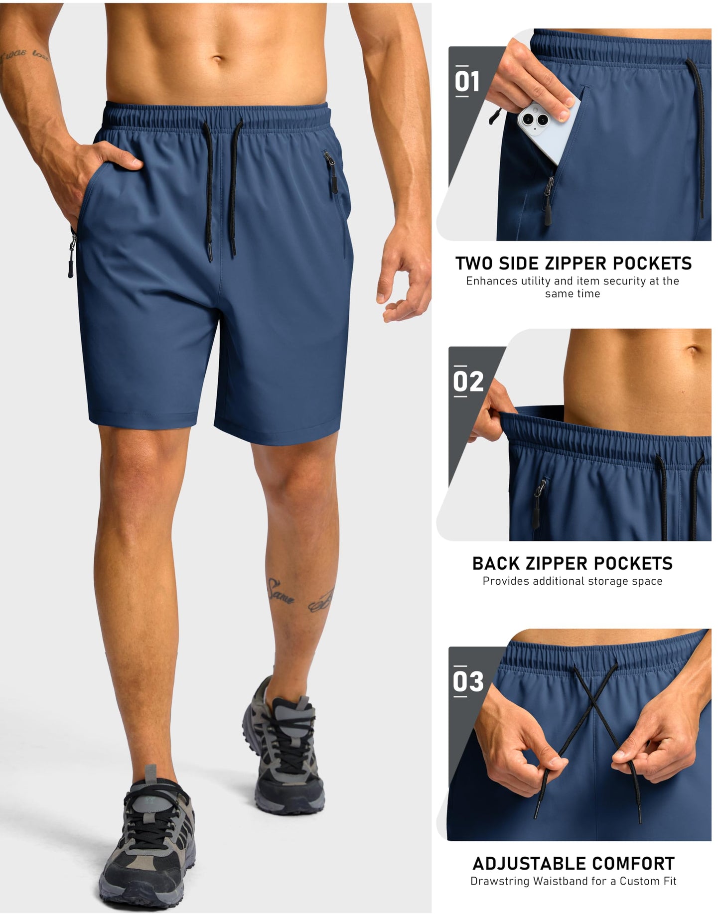 G Gradual Men's Hiking Shorts 7"/9" Lightweight Athletic Shorts for Men Quick Dry Stretch Casual Shorts with 3 Zipper Pockets(7inch,Dusty Blue,L)
