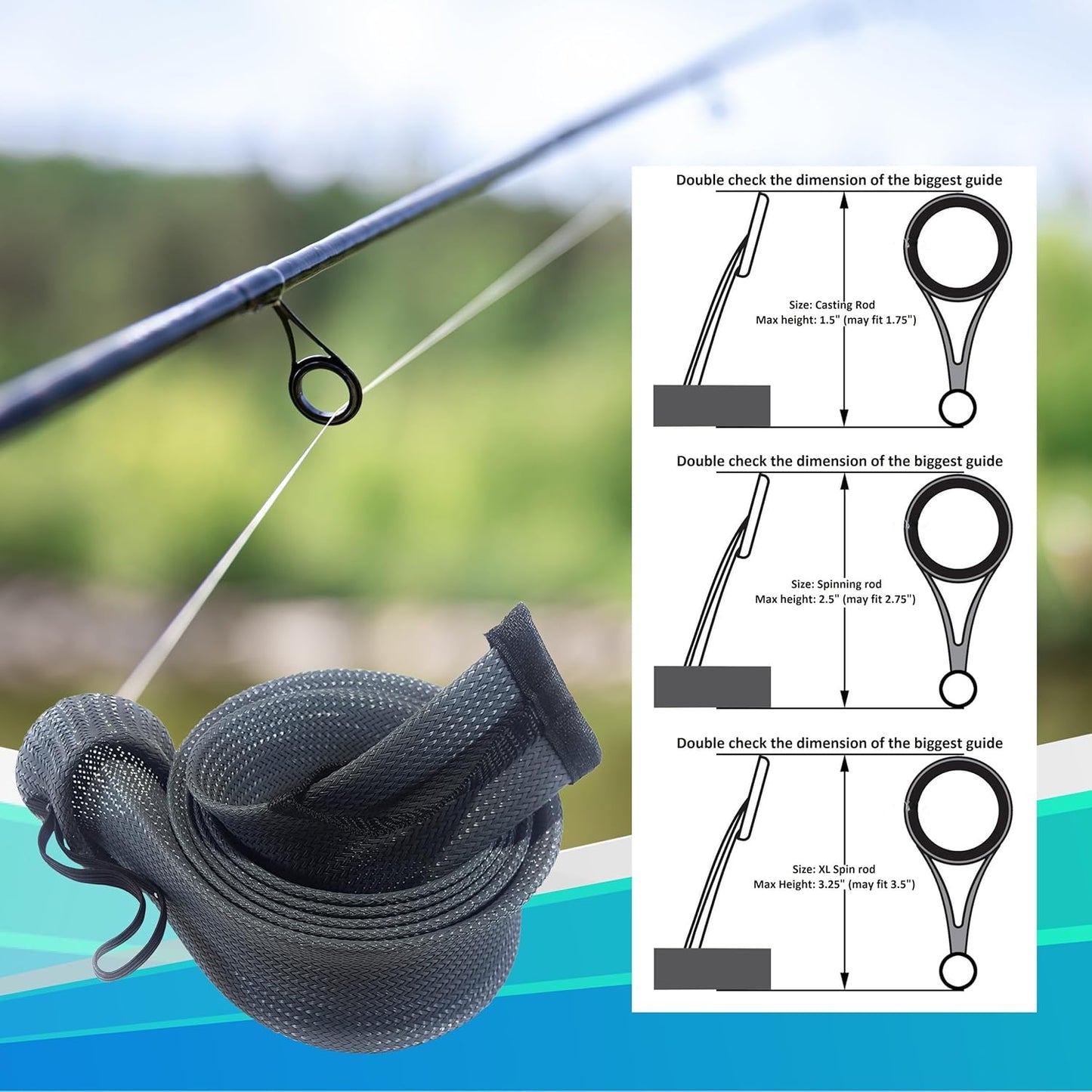 Fishing Rod Socks - Protective Sleeves for Baitcasting & Spinning Rods | Fits 7ft & 8ft (2-Pack)