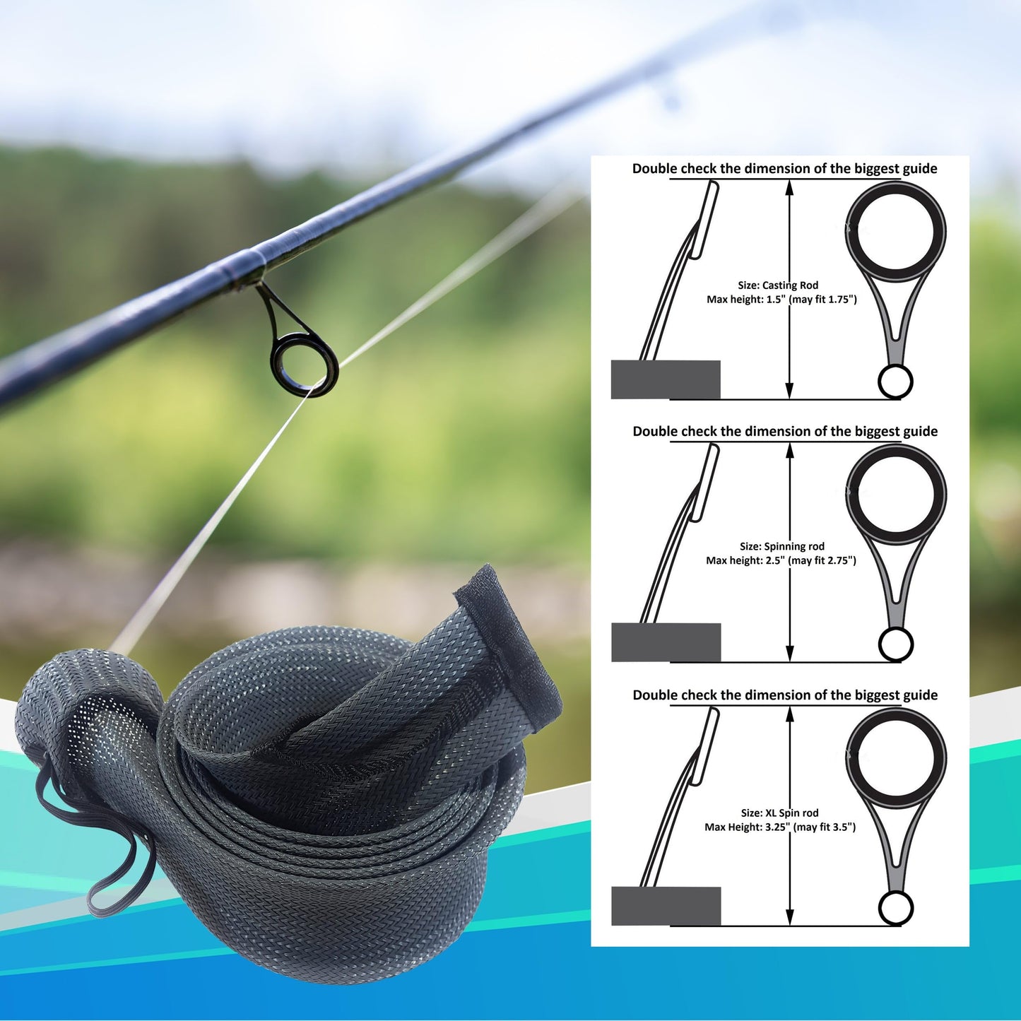 Reaction Tackle Rod Socks, Fishing Rod Sleeves and Covers for Spinning and Casting Rods, Breathable Mesh Rod Protectors with Elastic Band - Spinning / Flat End / 2" x 67" Metal Gray (2-Pack)