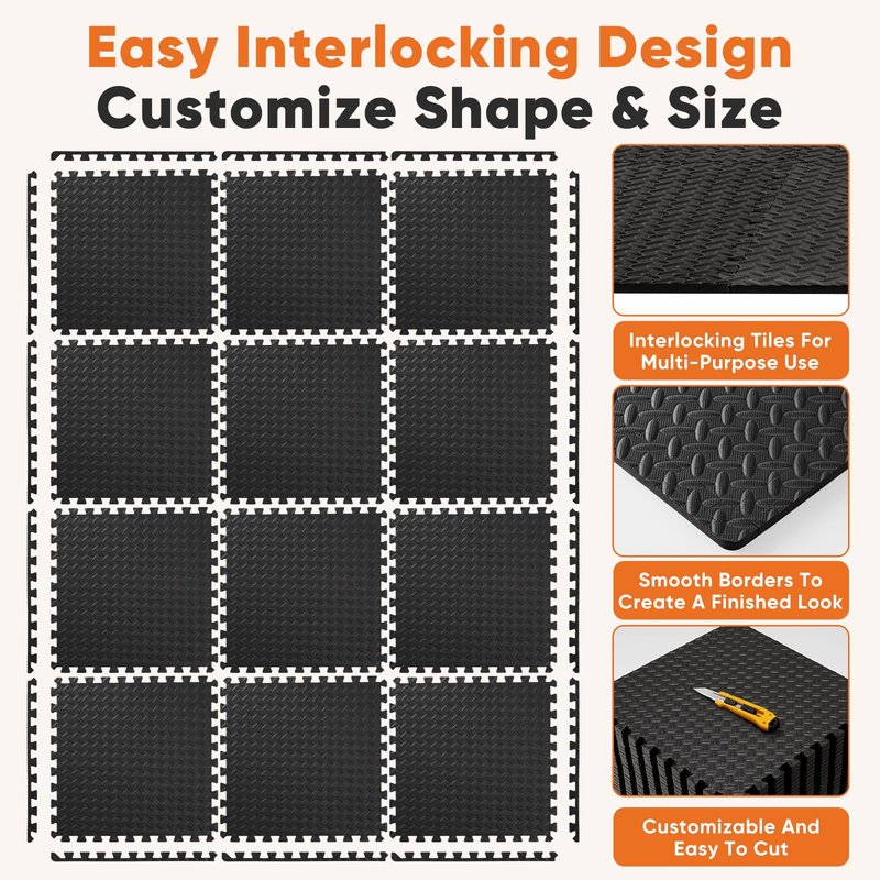 Sweetcrispy Interlocking Rubber Floor Tiles, 1/2 Inch Thick Non-Slip Gym Flooring Mats for Home Gym, Garage & Workout Space, 6 Pcs