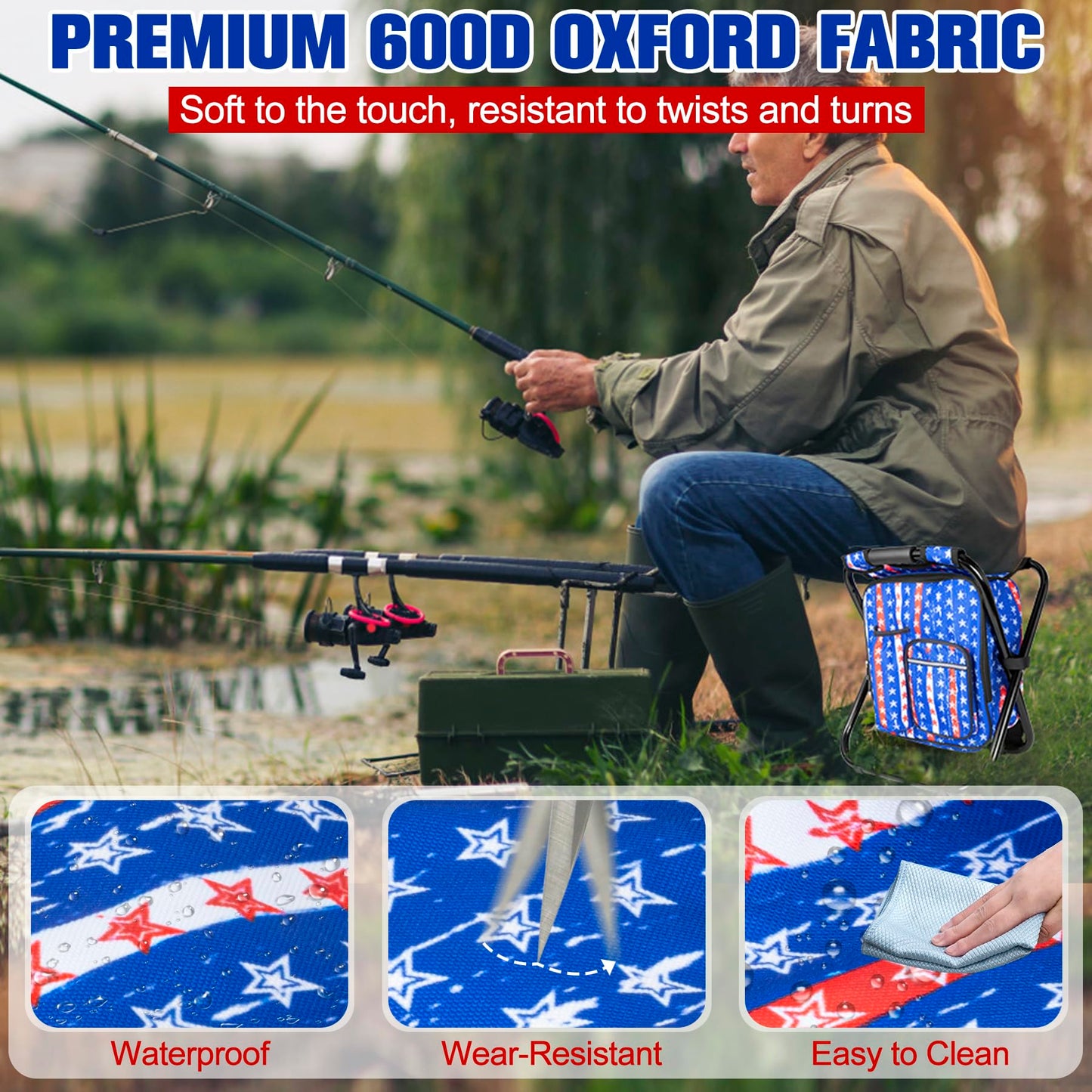 Kikerike Backpack Stool Cooler Chair Heavy Duty 300 LBS Max Load Portable Lightweight Stool Backpack Folding Fishing Cooler Seat for Camping Hunting Fishing - American Flag