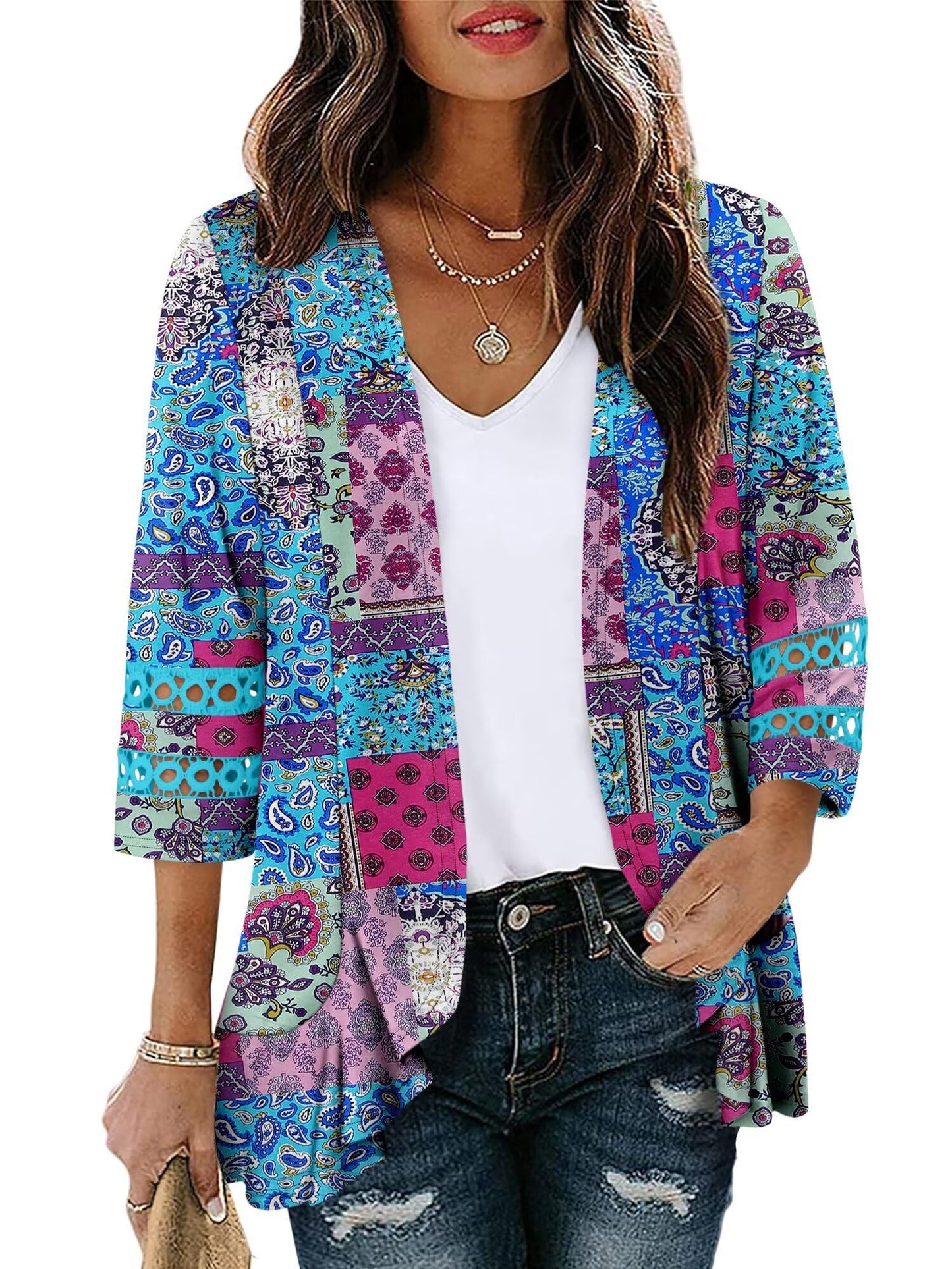 Women's Open Front Cardigan Dressy 3/4 Sleeve Summer Soft Draped Cardigans Blue Print Outwear Large
