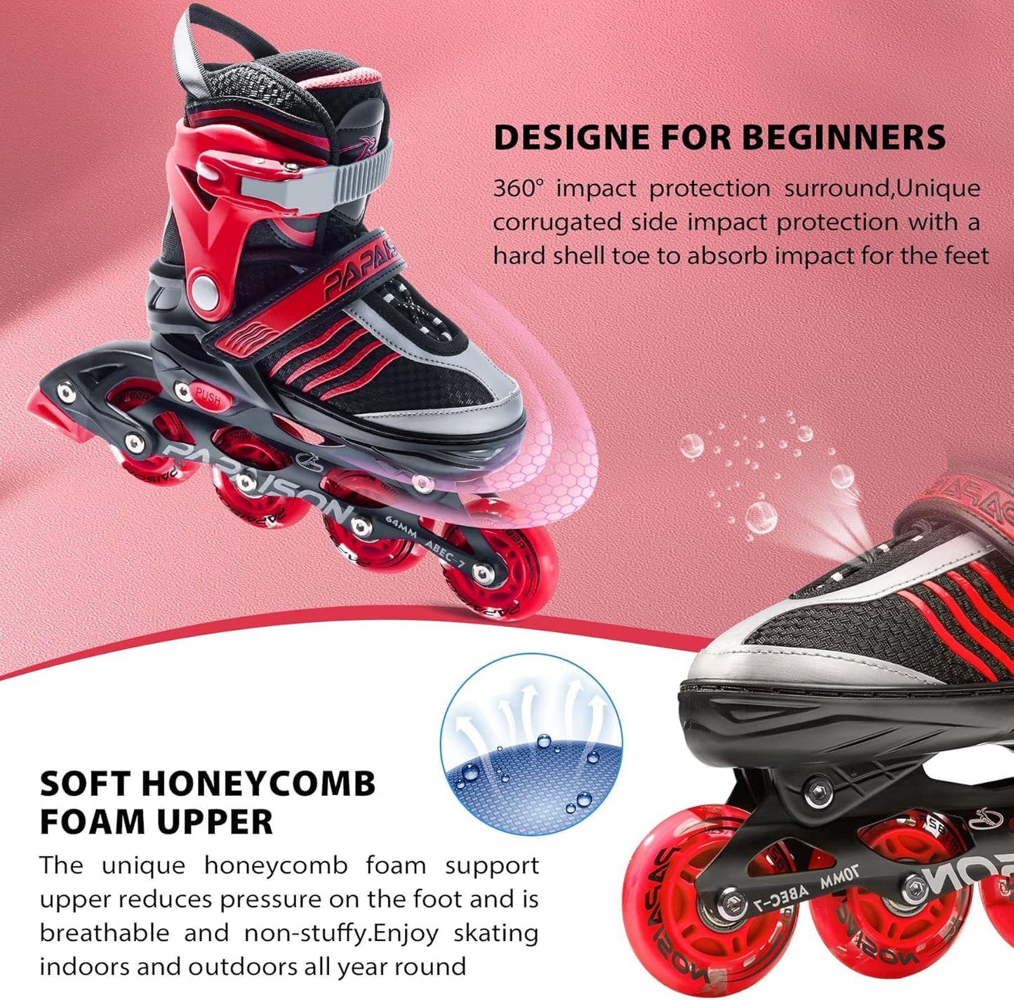 PAPAISON Adjustable Inline Skates Boys Ages 4-16, Roller Skates for Girls Kids Ages 5-8 8-12 with Full Light Up Wheels, Outdoor Skates Illuminating Skates for Children Teens Women
