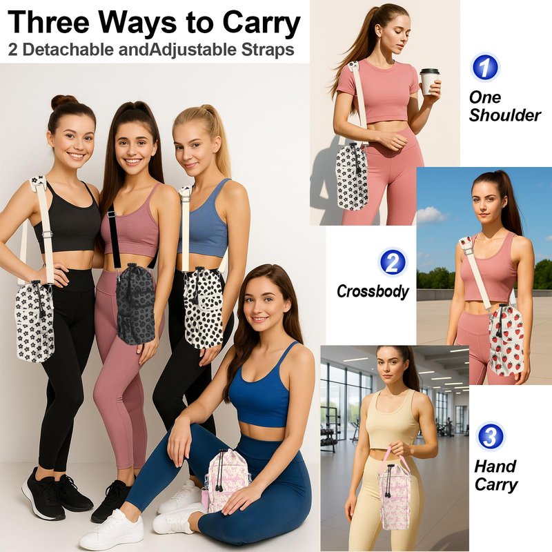 bolimoss Strawberry Water Bottle Holder with Strap 24 32/40oz Water Bottle Carrier Bag, Cute Water Bottle Sleeve with 4 Pocket, Sport Water Holder with Handle Shoulder Strap for Walking Hiking Camping