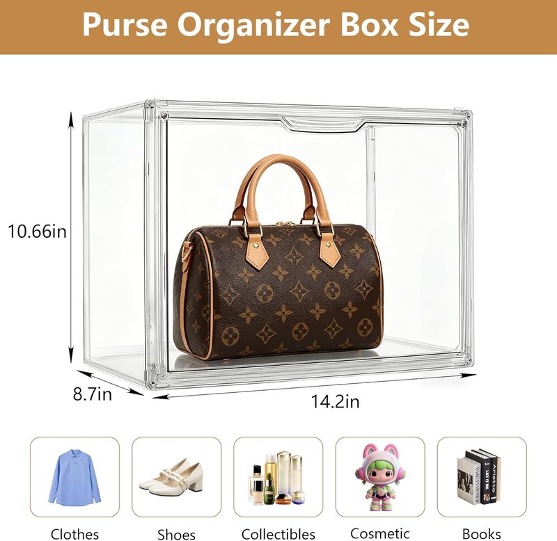 Clear Acrylic Handbag Organizer - 3-Piece Closet Storage Solution with Magnetic Door for Purses, Wallets & Cosmetics