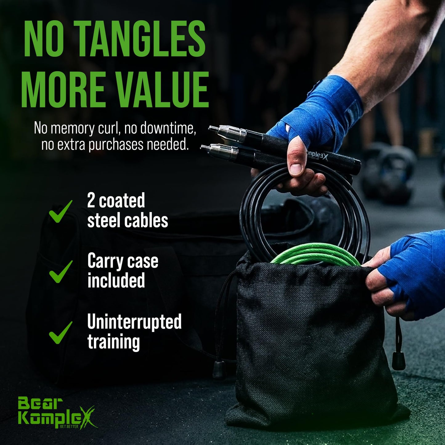 Bear KompleX - Speed Jump Rope - Adjustable Cross Training Boxing Fitness, Tangle-Free Skipping Rope Steel Cable 360° Swivel Bearings, Lightweight Aluminum Handles - Professional Size, Black Ice Color