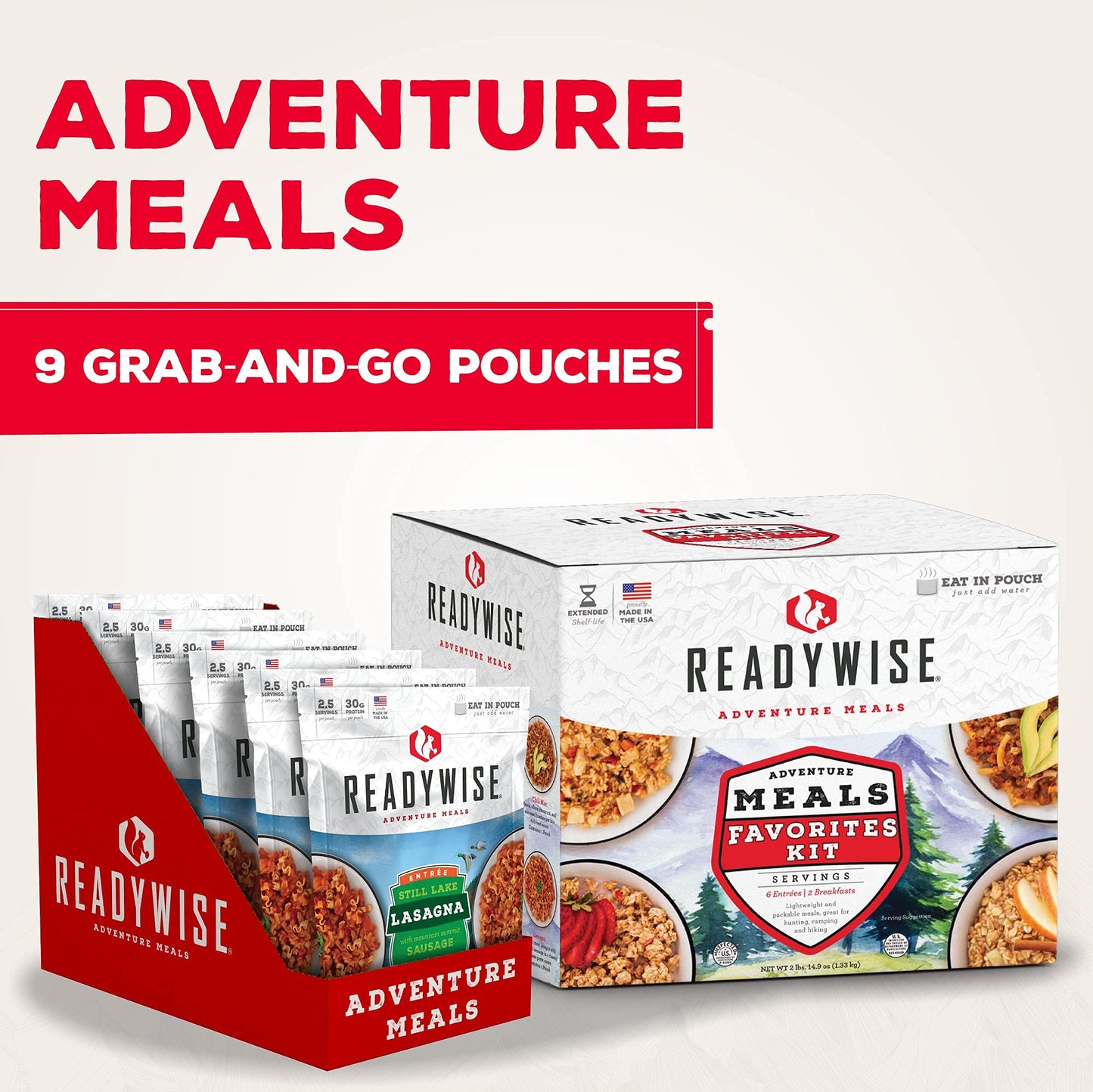 READYWISE - Favorite Kit, 9 Pack, Emergency Food Supply, MRE, Freeze Dried Food, Survival, Camping Essentials, Backpacking Meals, 15-Year Shelf Life